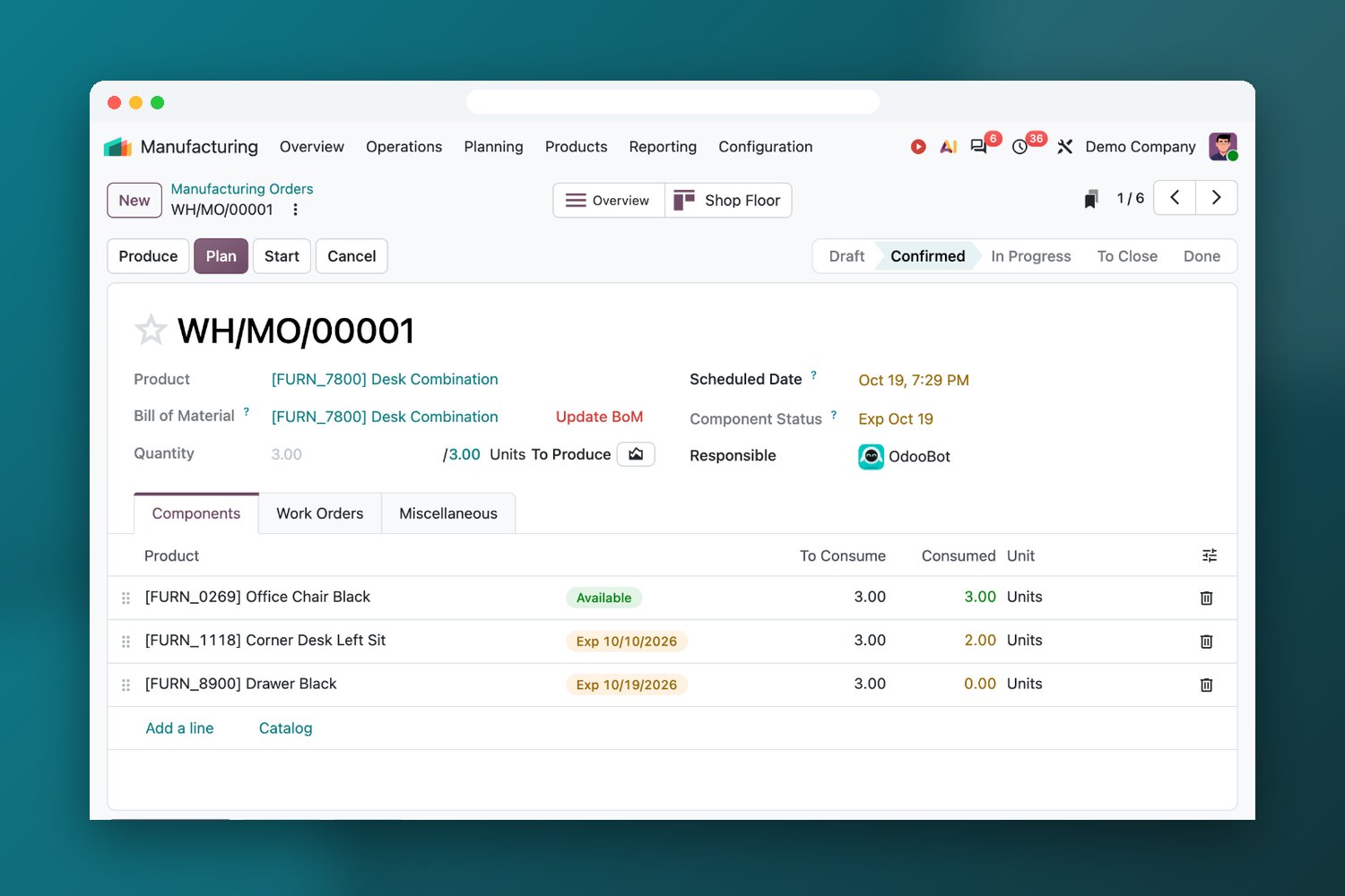 Odoo Manufacturing app – manufacturing order with bill of materials