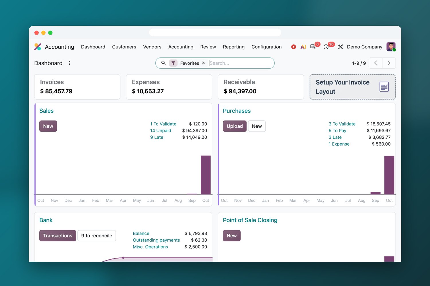 Odoo Accounting dashboard with invoices and bank reconciliation