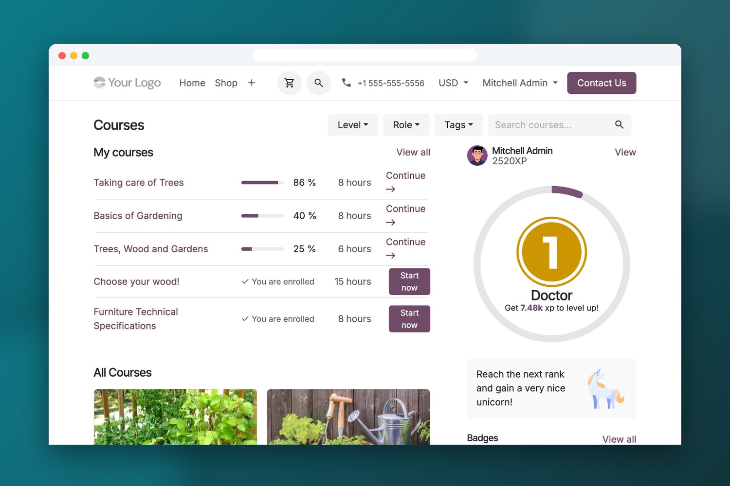 Odoo eLearning platform with courses and progress tracking