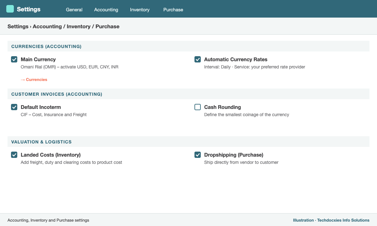 Odoo currency and landed cost settings