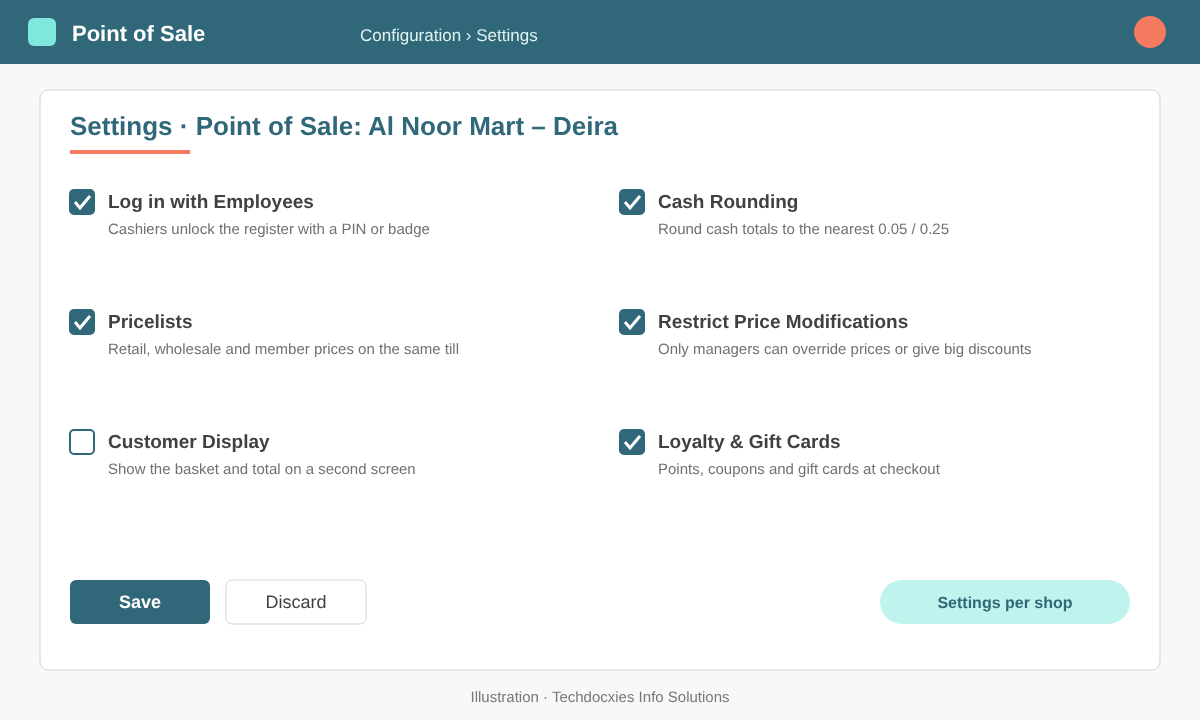 Odoo 19 Point of Sale settings mock-up